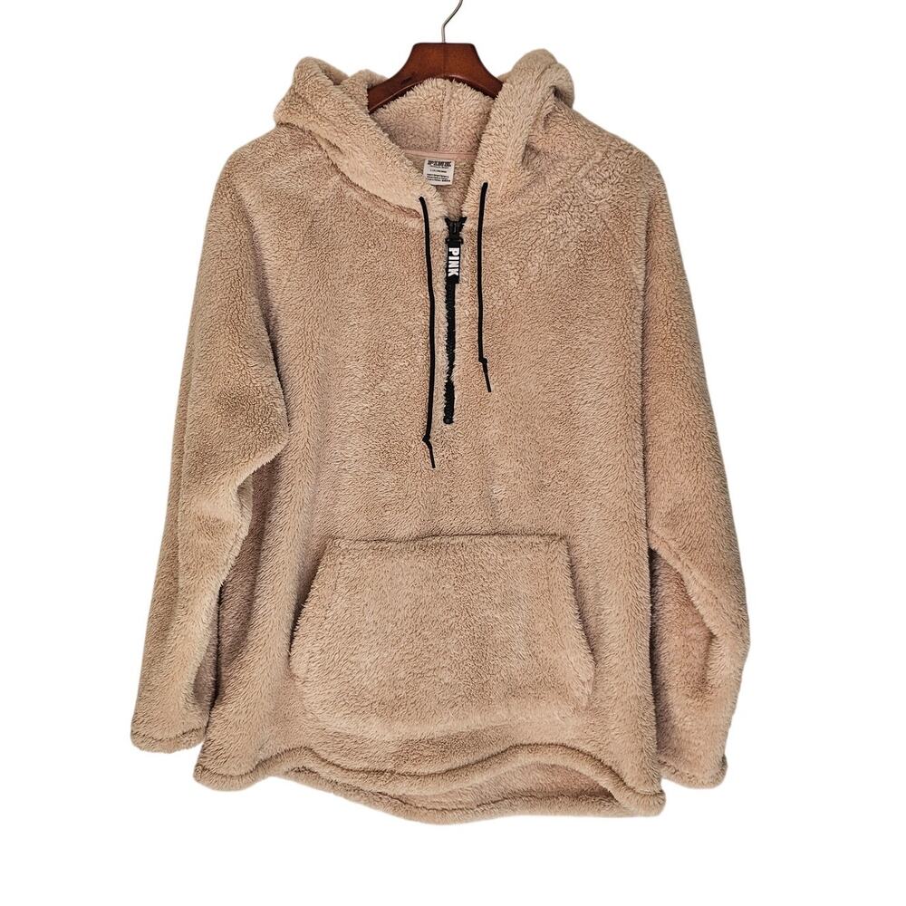 PINK Victoria's Secret Teddy Sherpa Quarter Zip Hoodie Oatmeal Beige Large